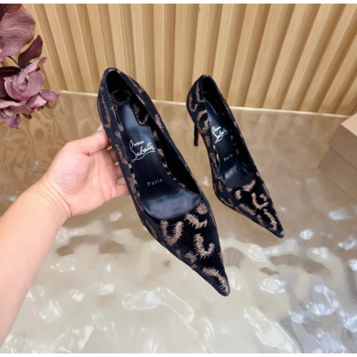 Christian Louboutin Black Velvet Gold‑Leopard Print Pointed‑Toe 120mm Stiletto High Heel Pumps