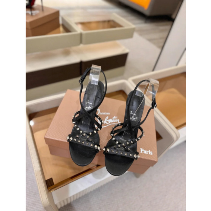 Christian Louboutin Black Leather Studded Crisscross Slingback High Heel Sandals