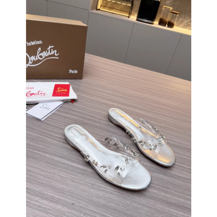 Christian Louboutin Clear Strap Crystal‑Adorned Silver Flat Slide Sandals