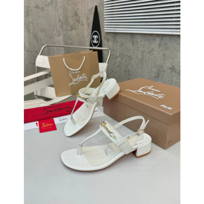 Christian Louboutin White Croc‑Embossed 45mm Block Heel Thong Sandals