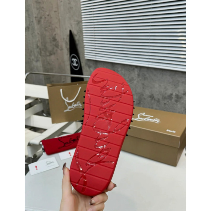 Christian Louboutin Black Spiked CL Logo Slide Sandals