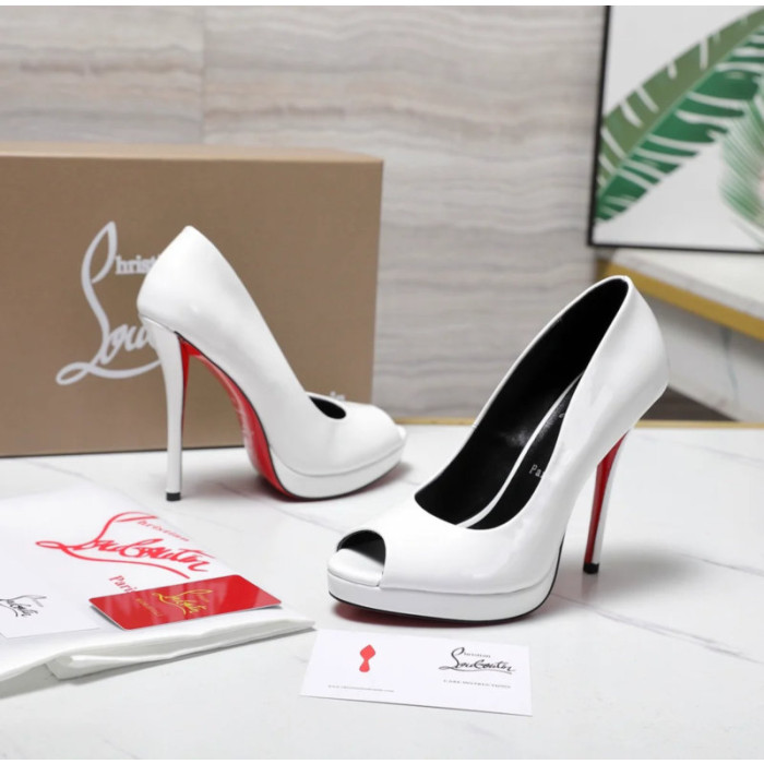 Christian Louboutin Lady Z 120 White Patent Peep‑Toe Platform Stiletto Heel Pumps