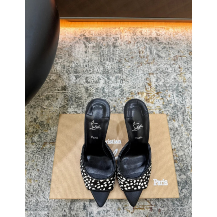 Christian Louboutin Dalmatian‑Print Calf Hair Mule Stiletto High‑Heel Sandals
