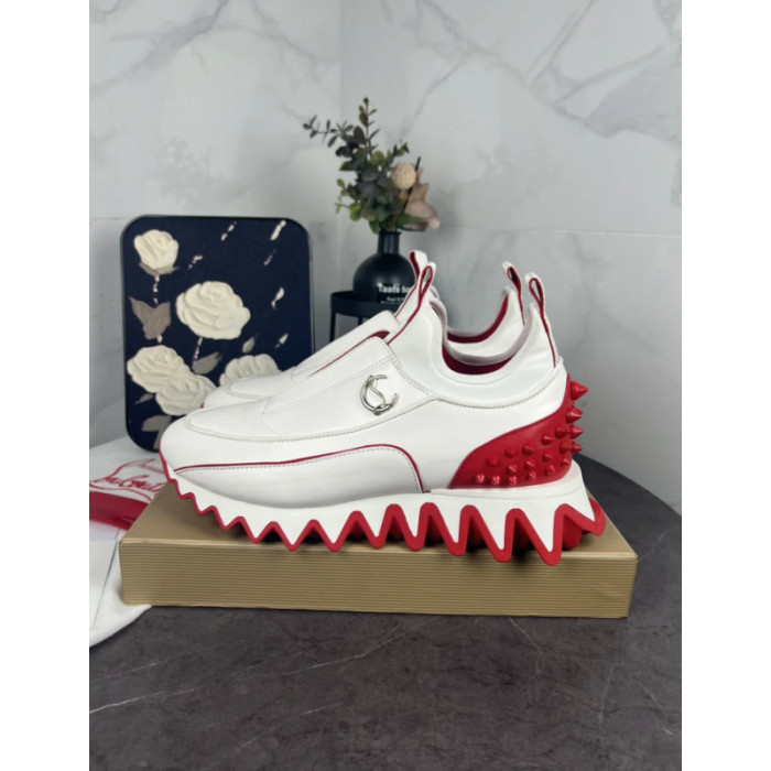 Christian Louboutin White‑Red Leather Slip‑On Spiked Sneakers Red Shark‑Tooth Sole