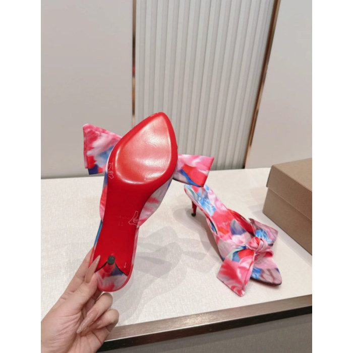 Christian Louboutin Floral‑Print Satin Bow 55mm Pointed‑Toe Mule Heels