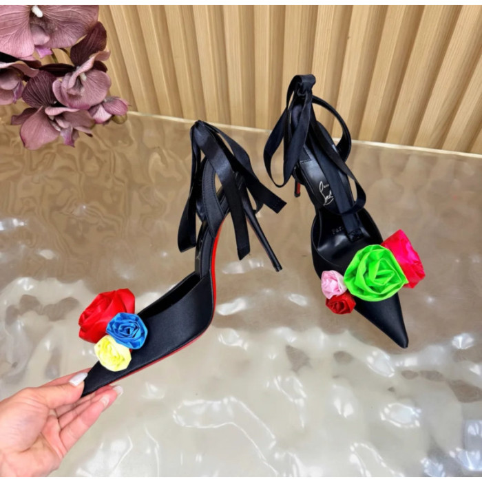 Christian Louboutin Black Satin Multicolor Fabric Flower 100mm Stiletto Heel Slingback Pumps