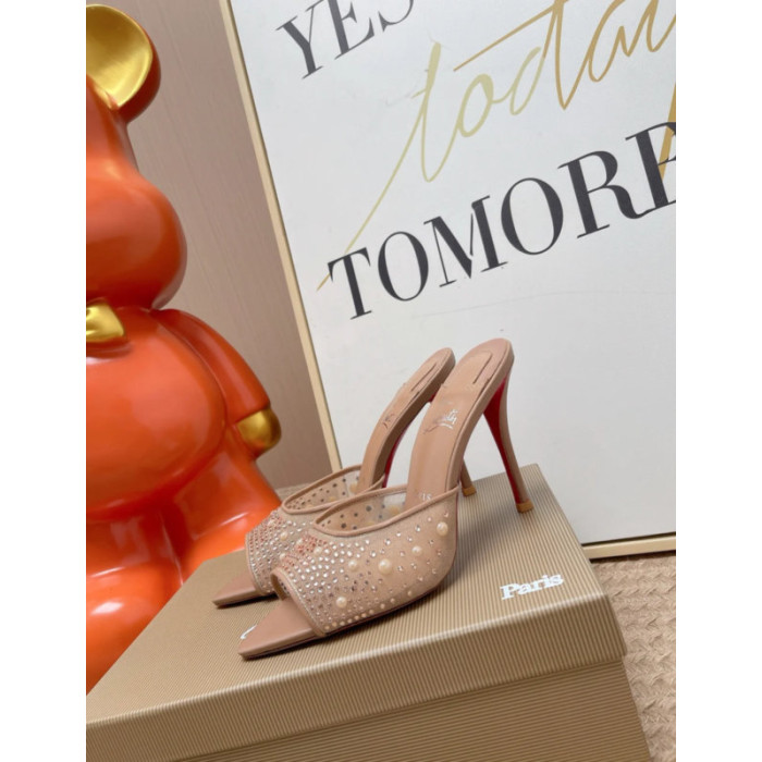 Christian Louboutin Nude Mesh Pearl Crystal‑Embellished 100mm Pointed‑Toe Stiletto Heel Mules