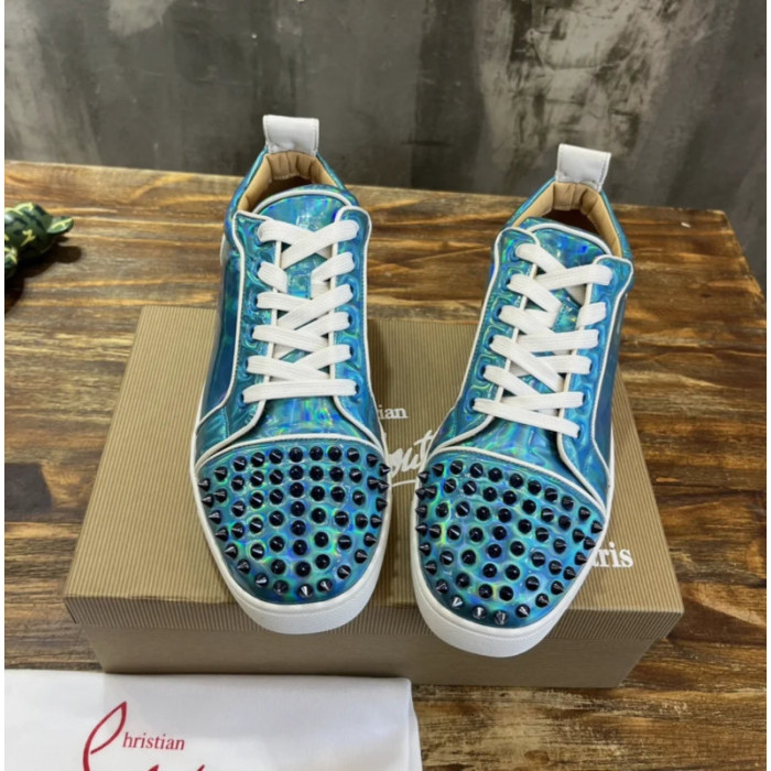 Christian Louboutin Holographic Blue Black‑Spiked Low‑Top Sneakers