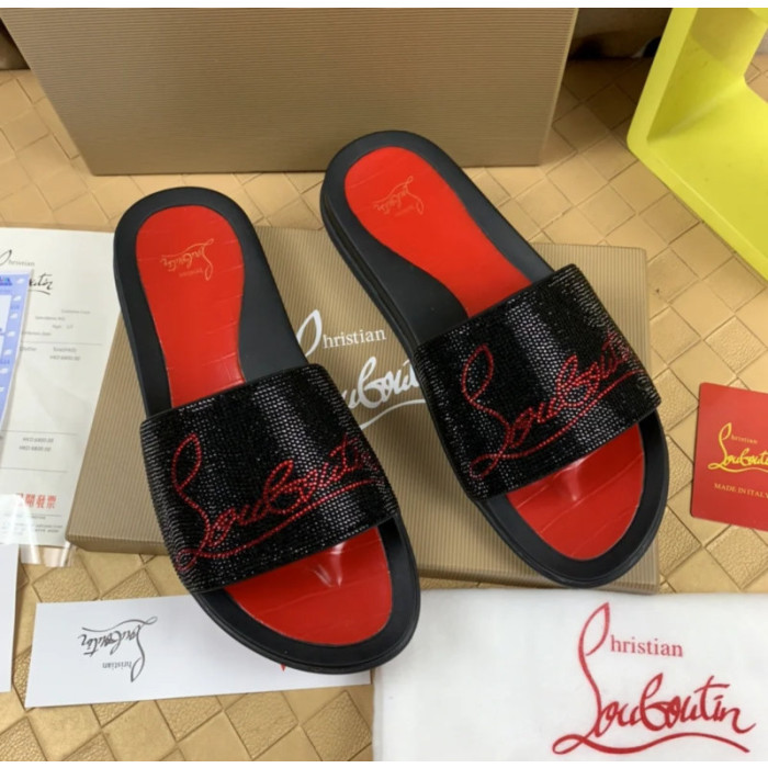 Christian Louboutin Black Crystal Slide Sandals With Red Signature Logo