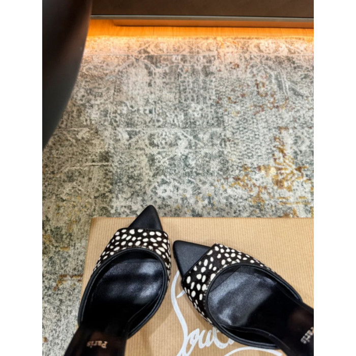 Christian Louboutin Dalmatian‑Print Calf Hair Mule Stiletto High‑Heel Sandals