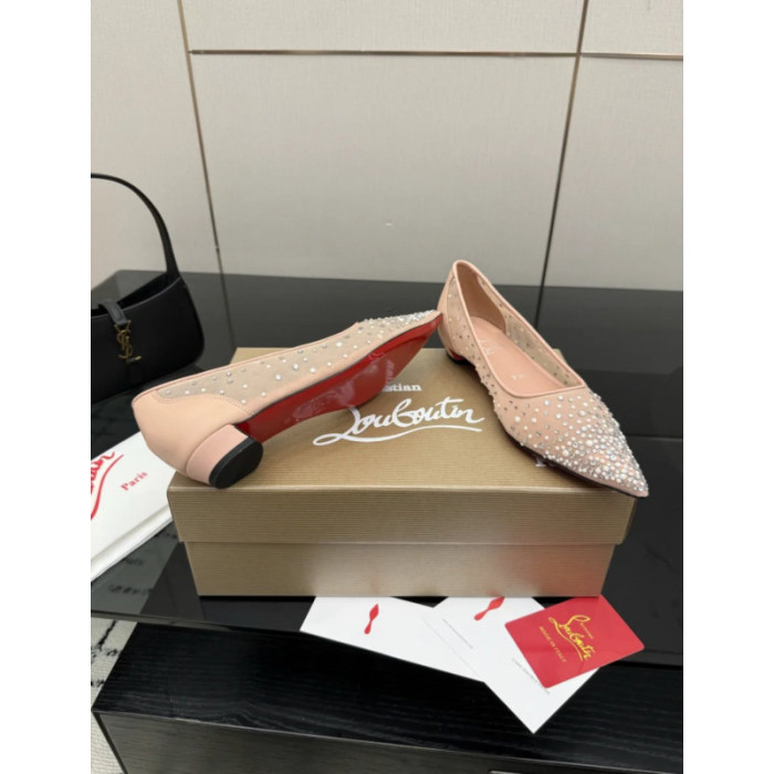 Christian Louboutin Pink Mesh Crystal Pearl Pointed‑Toe Flat Pumps