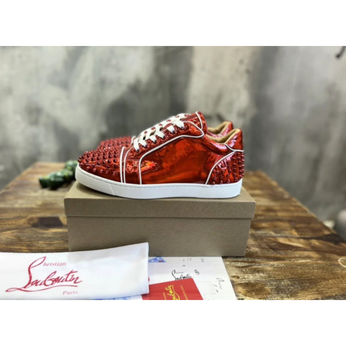Christian Louboutin Red Metallic Patent Spike‑Toe Low‑Top Sneakers