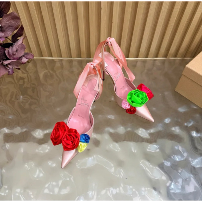 Christian Louboutin Pink Satin Multicolor Rose Flower 100mm Stiletto Heel Slingback Pumps
