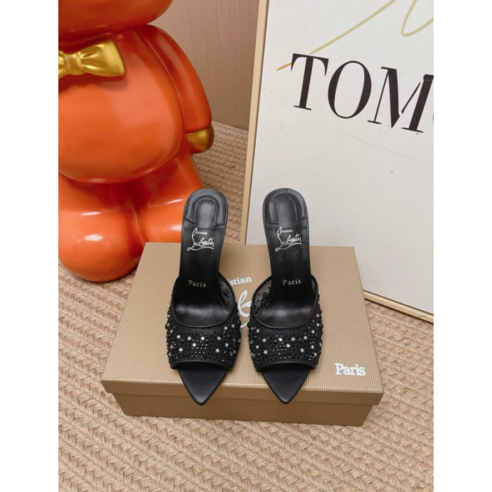 Christian Louboutin Black Tulle Rhinestone 100mm Stiletto Heel Backless Mules