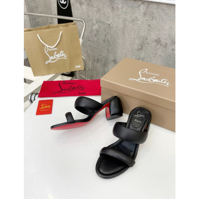 Christian Louboutin Black Leather 55mm heel Slide Sandals