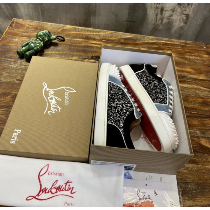 Christian Louboutin Denim Mixed‑Media Crystal Spike Low‑Top Sneakers