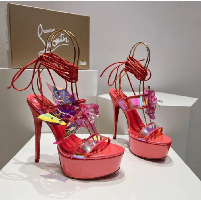 Christian Louboutin Red Patent Iridescent Crystal‑Flower 150mm Platform Ankle‑Tie Sandals