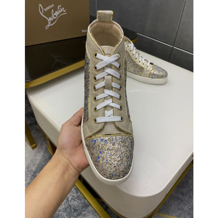 Christian Louboutin Gold Glitter Blue Crystal‑Embellished High‑Top Sneakers