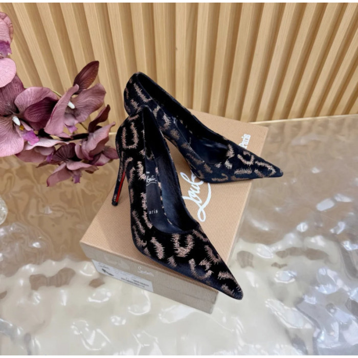 Christian Louboutin Black Velvet Gold‑Leopard Print Pointed‑Toe 120mm Stiletto High Heel Pumps
