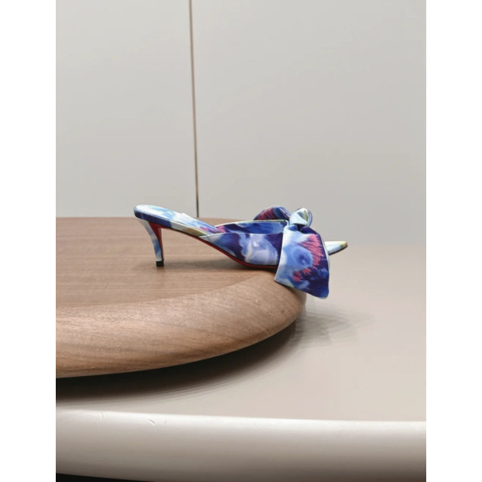Christian Louboutin Blue Watercolor‑Print Satin Bow Mule Kitten Heel Sandals 55mm heel