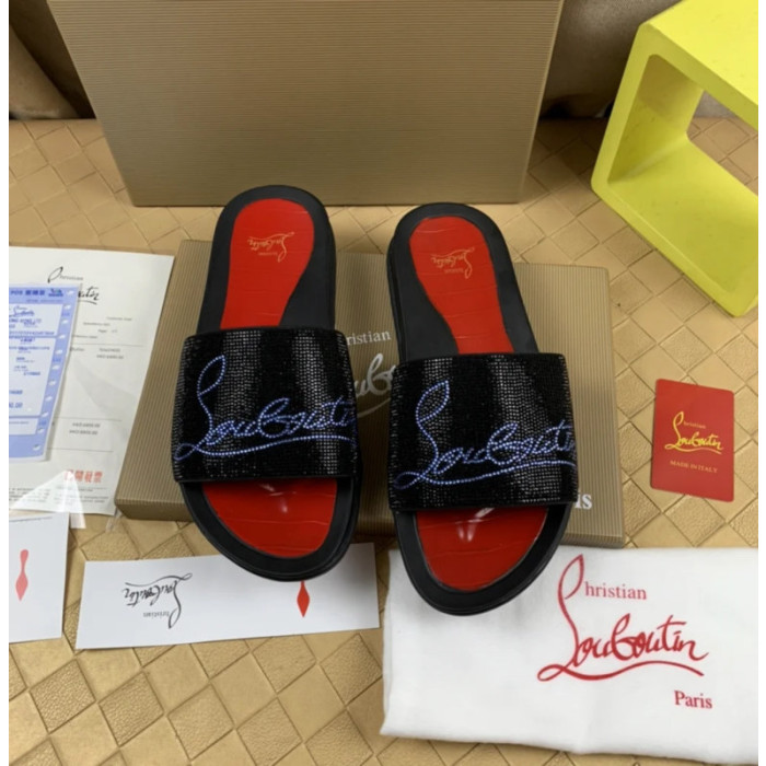Christian Louboutin Black Slide Sandals With Blue Crystal Logo