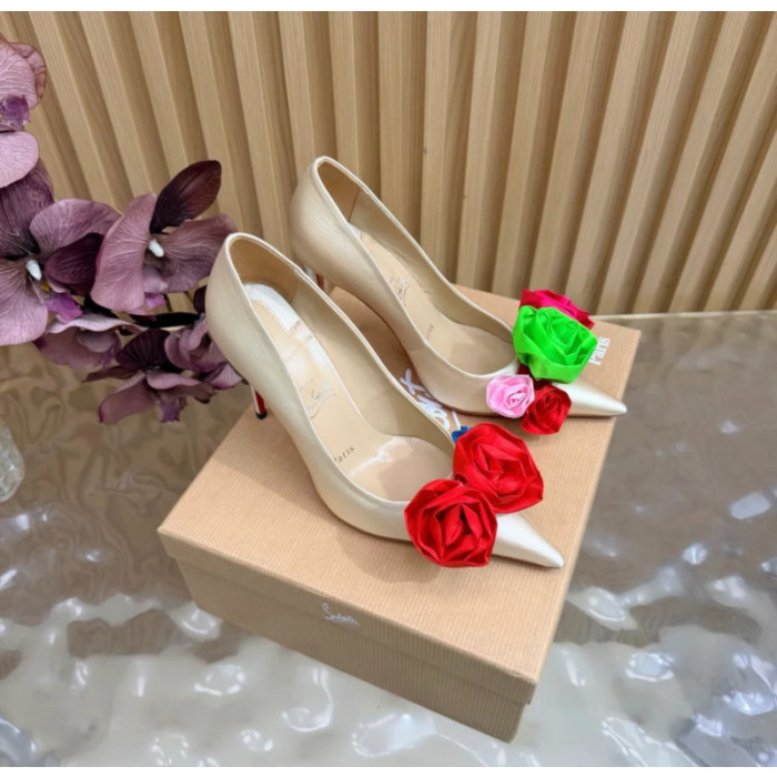 Christian Louboutin Ivory Satin Multicolor Fabric Flower 100mm Stiletto Heel Pumps