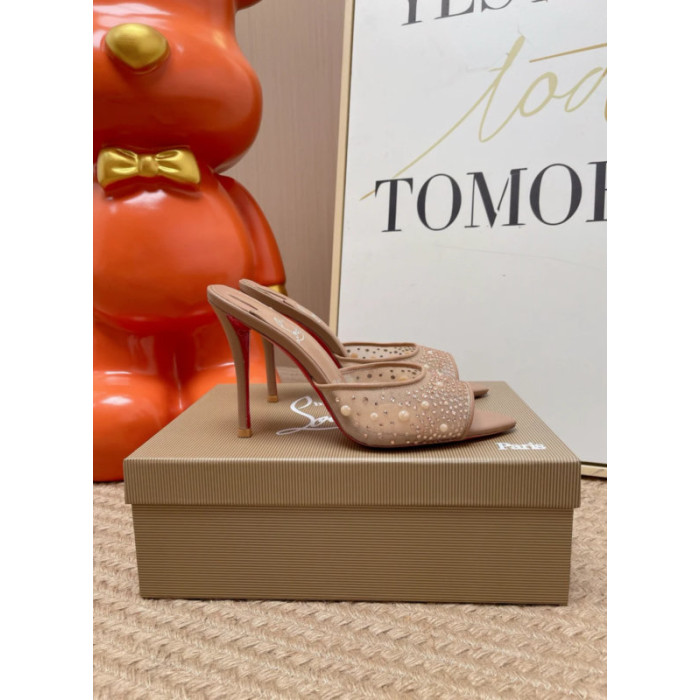 Christian Louboutin Nude Mesh Pearl Crystal‑Embellished 100mm Pointed‑Toe Stiletto Heel Mules