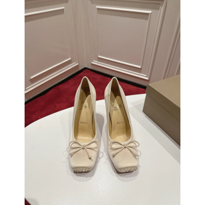 Christian Louboutin Ivory Satin Bow 100mm Square Toe Stiletto Pumps