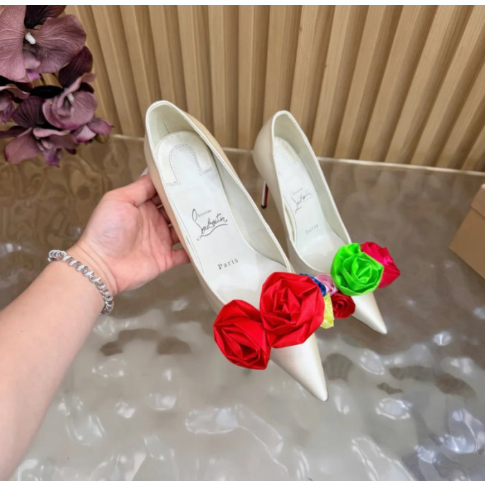 Christian Louboutin Off‑White Satin Multicolor Fabric Flower 100mm Stiletto Heel Pumps