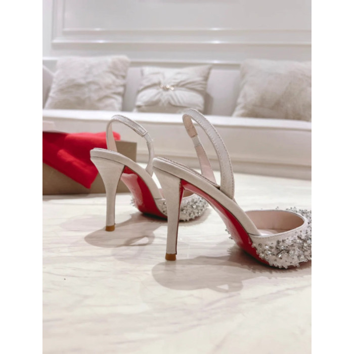 Christian Louboutin Ivory Fabric Crystal‑Embellished 100mm Pointed‑Toe Slingback Stiletto Heel Pumps