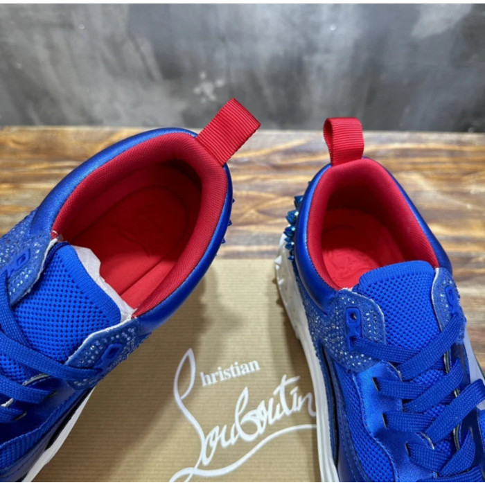 Christian Louboutin Blue Satin Crystal Spiked Low‑Top Sneakers