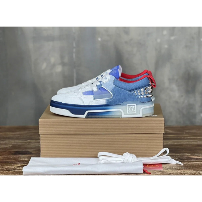 Christian Louboutin White‑Blue Denim Spiked Platform Low‑Top Sneakers