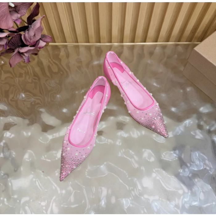 Christian Louboutin Pink Mesh Pearl Crystal‑Embellished Pointed‑Toe Flat Pumps