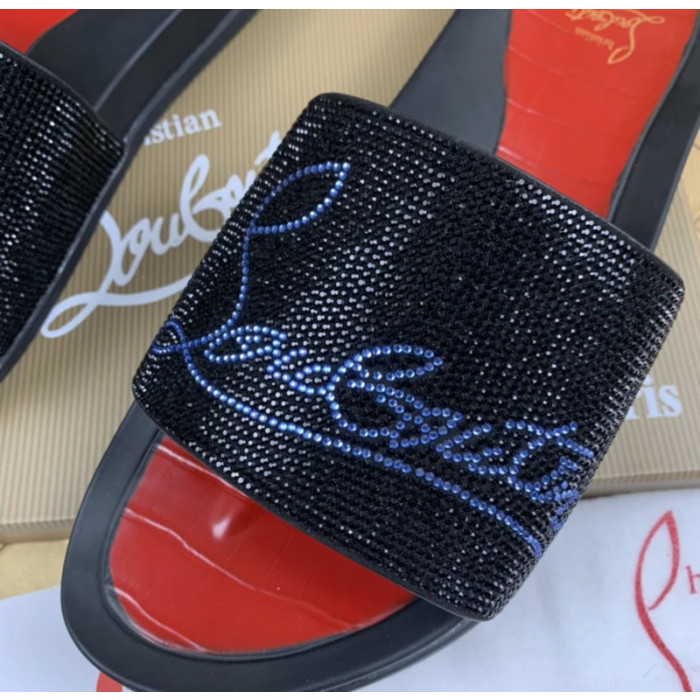 Christian Louboutin Black Slide Sandals With Blue Crystal Logo