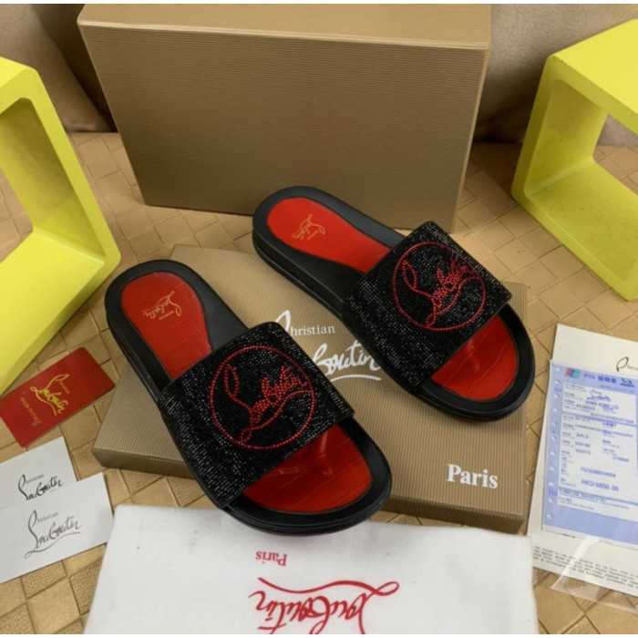 Christian Louboutin Black Crystal Slide Sandals Red Rhinestone Circular Logo