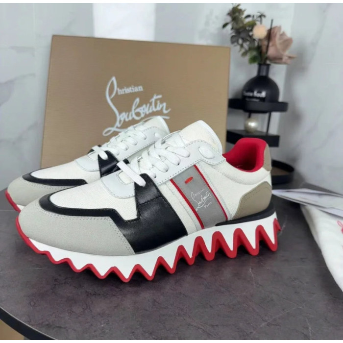 Christian Louboutin White‑Black‑Beige Color‑Block Lace‑Up Sneakers Red Shark‑Tooth Sole