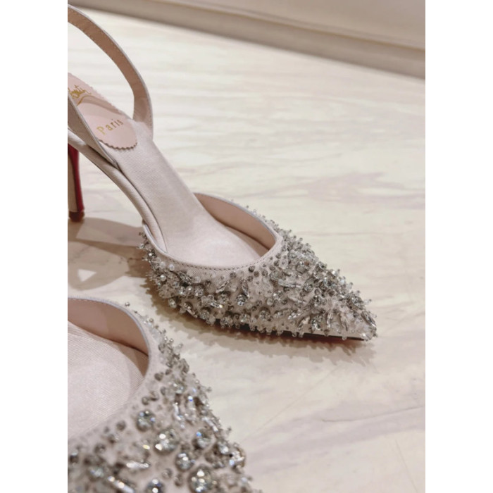 Christian Louboutin Ivory Fabric Crystal‑Embellished 100mm Pointed‑Toe Slingback Stiletto Heel Pumps