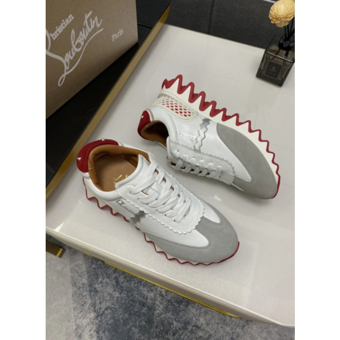 Christian Louboutin White Leather Suede Red Zigzag Sole Low‑Top Sneakers