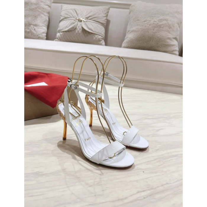 Christian Louboutin White Patent 100mm Gold‑Sculpted Heel Ankle‑Strap Sandals