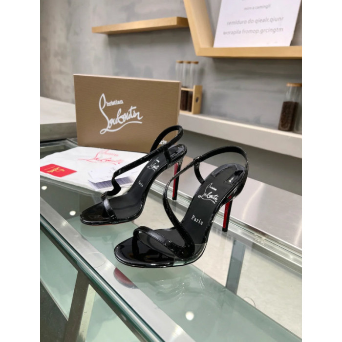 Christian Louboutin Black Patent Asymmetric Curved Strap Slingback Sandal 100mm heel