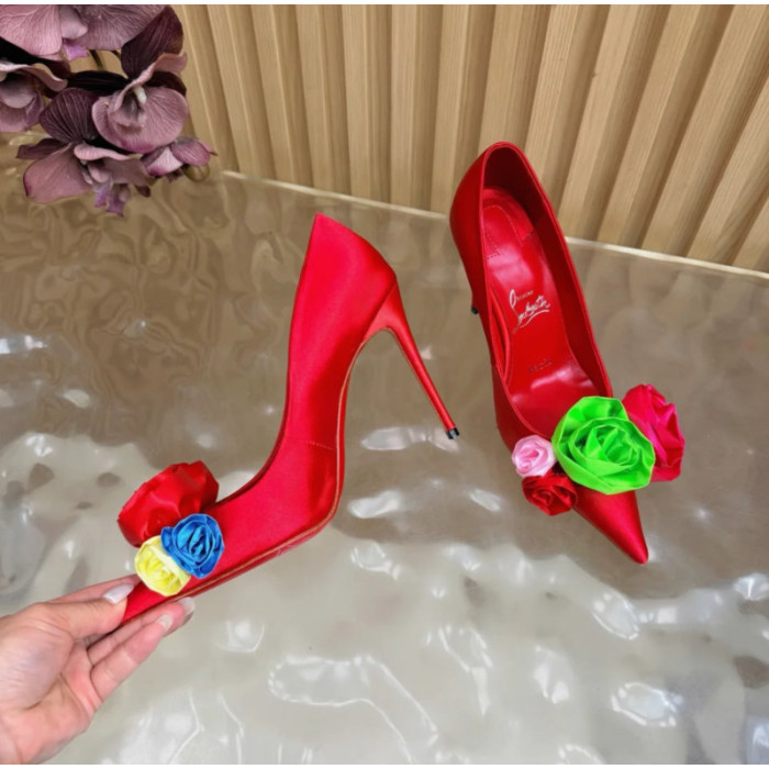 Christian Louboutin Red Satin Multicolor Fabric Flower 100mm Stiletto Heel Pumps