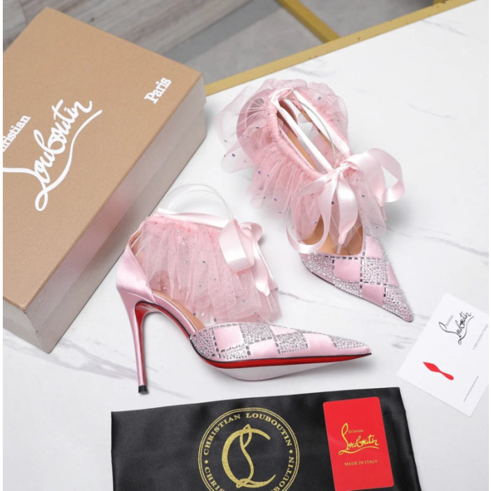 Christian Louboutin Pastel Pink Satin Checkerboard Crystal Tulle Ruffle 100mm Stiletto Heel Pumps