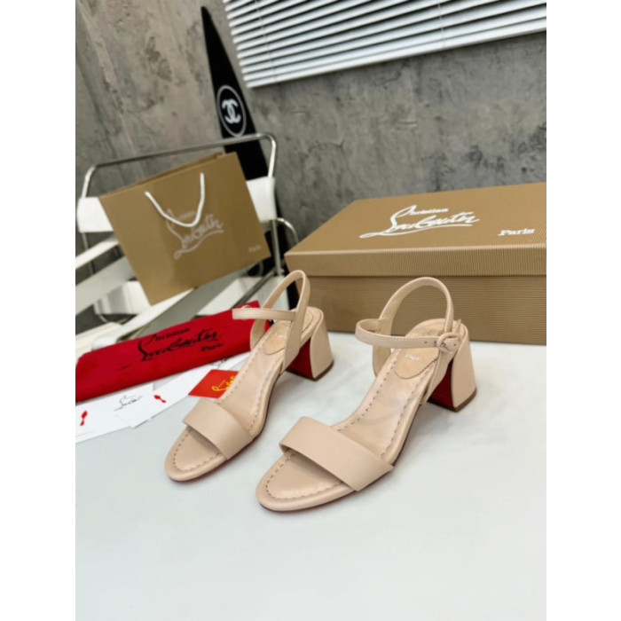 Christian Louboutin Nude Leather Block heel Ankle Strap Sandal