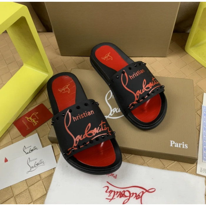 Christian Louboutin Black Red Logo‑Print Spiked Slide Sandals Red Footbed