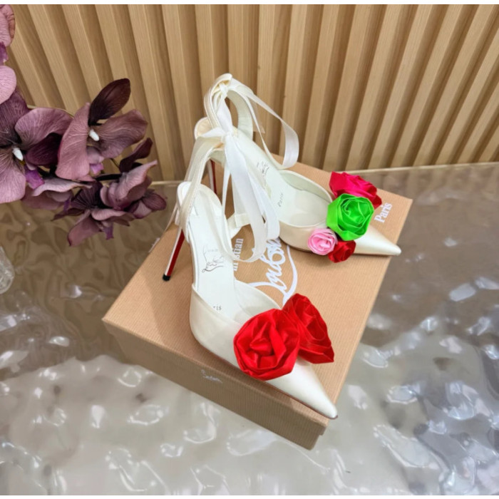 Christian Louboutin Ivory Satin Multicolor Rose Flower 100mm Stiletto Heel Slingback Pumps