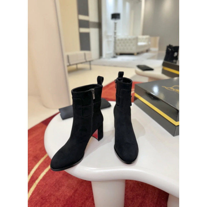 Christian Louboutin Black Suede Silver Lock Buckle 85mm Block Heel Ankle Boots