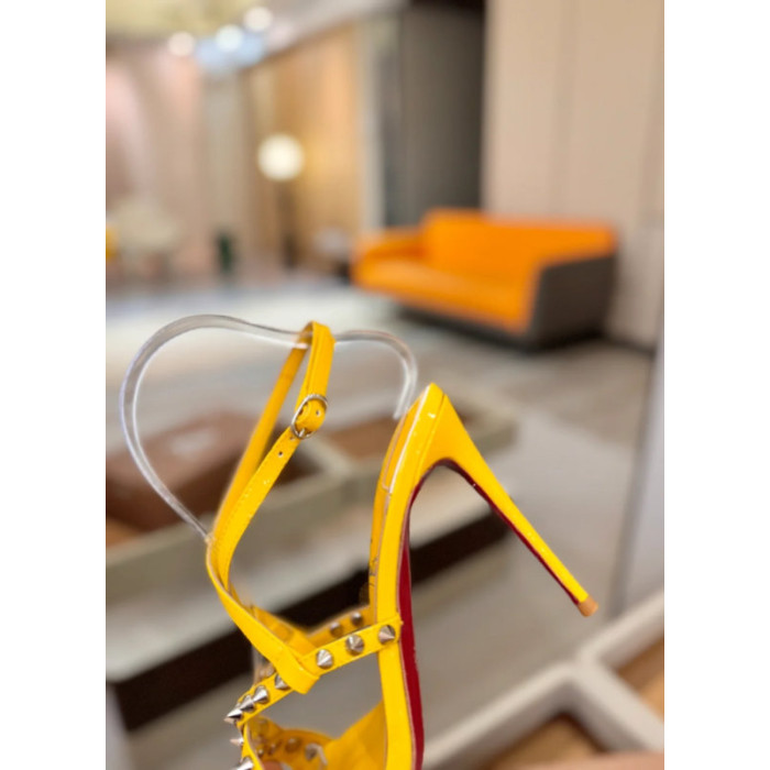 Christian Louboutin Yellow Patent Studded Crisscross Ankle‑Strap Open‑Toe 100mm Stiletto High Heel Sandals