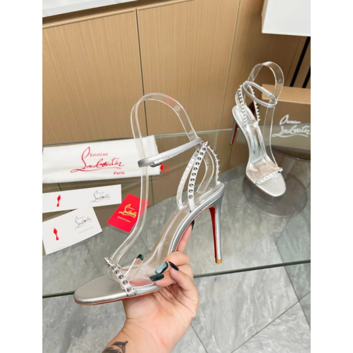 Christian Louboutin Silver Metallic Spiked Ankle‑Strap Sandal 100mm heel