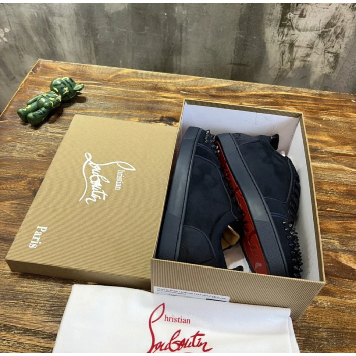 Christian Louboutin Navy Suede Black‑Spiked Low‑Top Sneakers