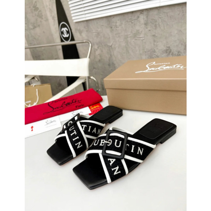 Christian Louboutin Black Woven Flat Slide Sandals